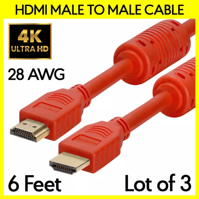 3x Red HDMI Cable with Ferrite Cores 6FT 28AWG Cord for TV Monitor PC PS4/5 XBOX