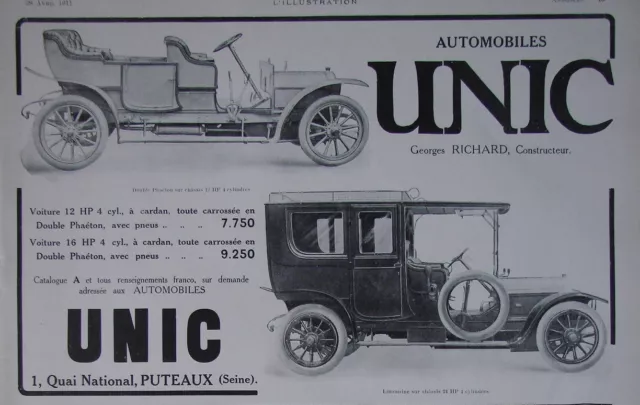 Publicité De Presse 1911 Automobiles Unic Voiture 12 Hp 4 Cyl Double Phaéton