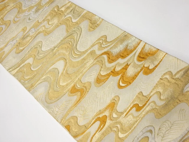 6081009: Japanese Kimono / Antique Fukuro Obi / Woven Stream & Wave