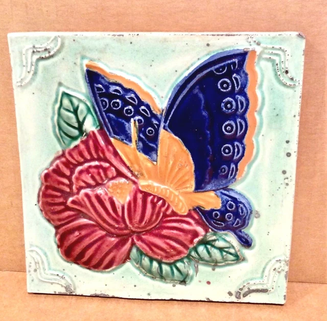 Japanese Tile, Butterfly on a Rose, 1920s, Japan, 6x6, Ceramic