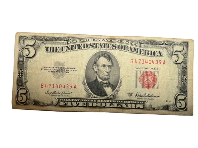One 1953 A Series - Red Seal $5 Dollar Bill Five USA Currency Money Lincoln Cash