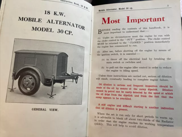 Nunn 18kw Mobile ALTERNATOR  Ford V8. 1940’s FACTORY INSTRUCTION BOOK