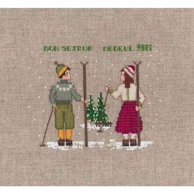 Kit Point De Croix Le Bonheur Des Dames - Deux Skieurs, 12x15cm Sur Aida 18ct, Neuf