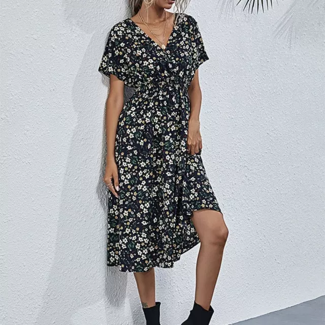 Short Sleeve Printed Hem Dress V-neck Collar Boho Floral Print Dresses  Womens