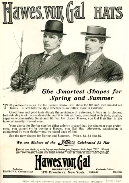 1910 Vintage Original Hawes, von Gal Hats Ad. Gay Interest. For Spring & Summer