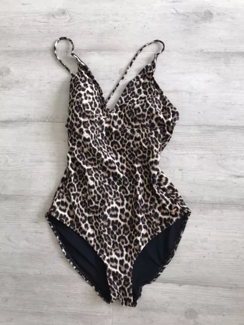 F F TESCO 12 Swimwear Brown Ivory Animal Print Slightly Padded