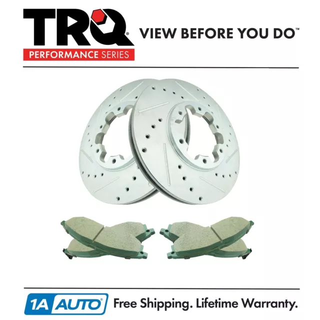 TRQ Front Ceramic Disc Brake Pad & Performance Drilled Slotted Coated Rotor Kit