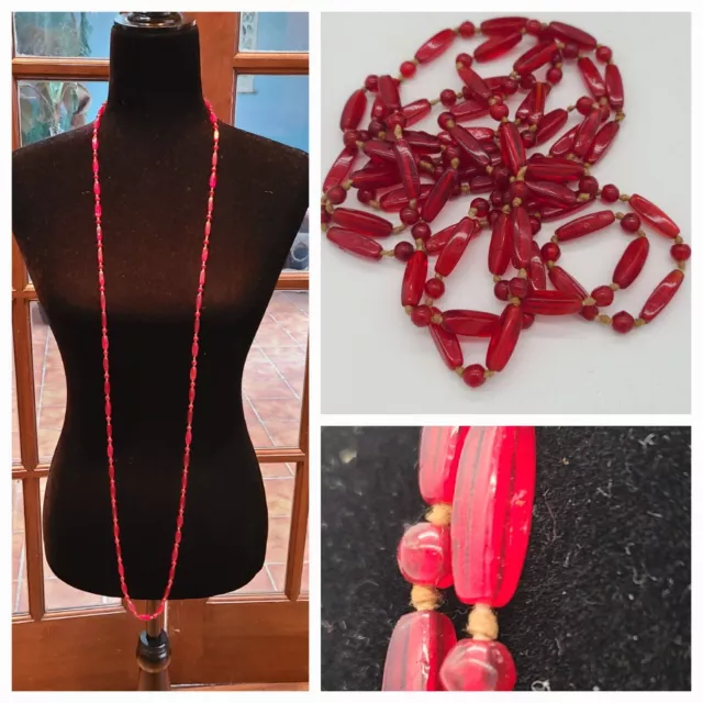 Antique Red Glass Bead Hand Tied Flapper Length Strand Rope Necklace 28" Estate