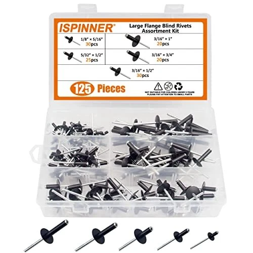 125pcs Large Flange Aluminum Blind Rivets Pop Rivets Assortment Kit (Black)