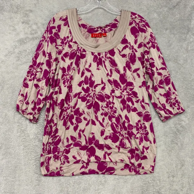 Elle Shirt Womens Large Pink Beige Floral Pullover Knit Casual Rayon Top Stretch