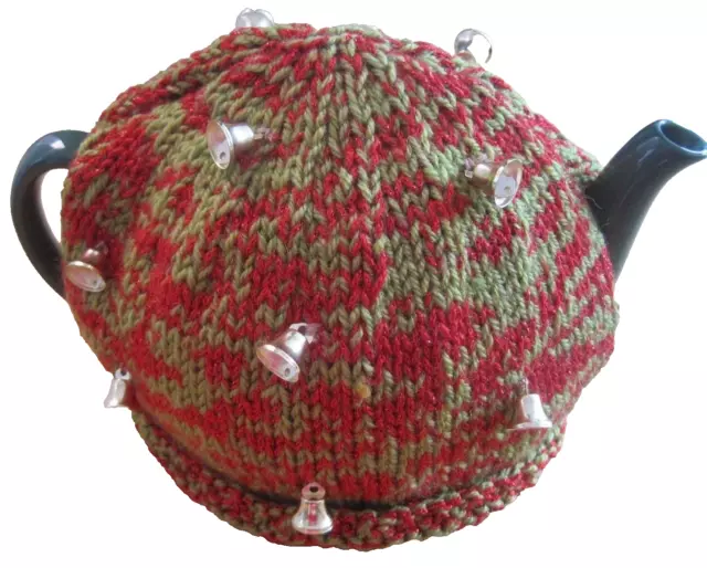 Hand Knitted Xmas Christmas With Bells On, 2 Pint Tea Cosy.