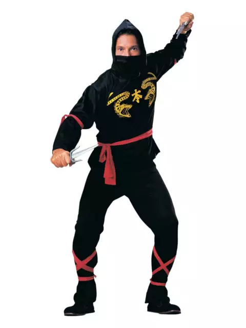 Ninja Costume Adults Mens Black Hooded Top Pants Face Mask Gold Dragons Red Ties