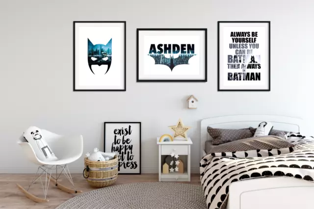 Personalised Name BATMAN PICTURES for Boys Bedroom A4 Prints Home Decor Set of 3