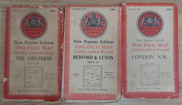 3 vintage One-Inch Ordnance Survey OS post-war cloth maps, N London and environs