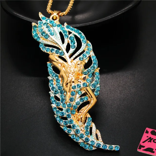 New Betsey Johnson Blue Rhinestone Cute Feather Crystal Pendant Chain Necklace