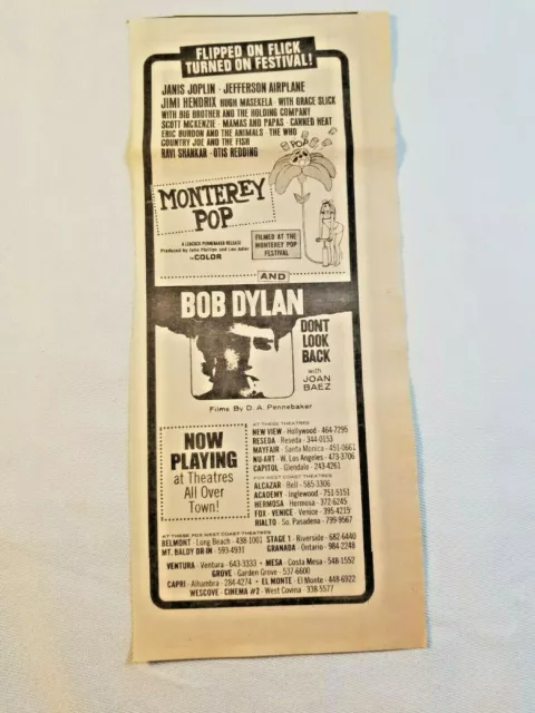 Vintage Ad Monterey Pop Bob Dylan Oh! Calcutta! 1969 LA FREE PRESS Unframed