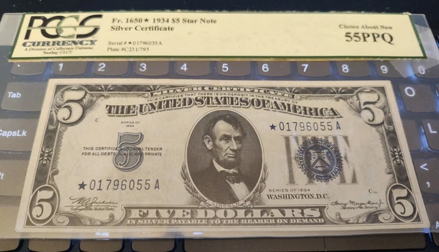 1934  $5 Five Dollar Silver Certificate Star Note Blue Seal AU 55
