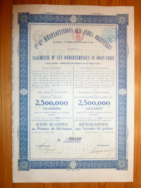 NL:  Co. Gen. d´Exploitations aux Indes Orientales, 1914, 50 Gulden *