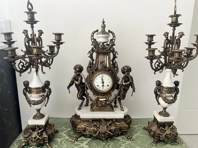 Orologio a Pendolo da Tavolo Antico Francese camino in marmo bronzo