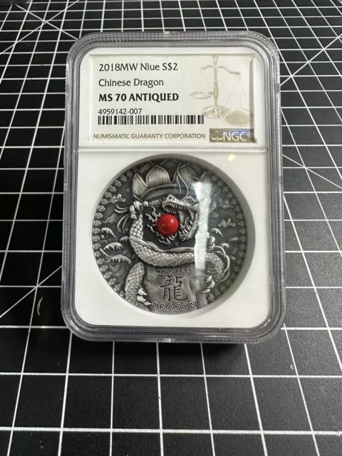 2018 NGC MS70 Niue Chinese Dragon 2oz Antiqued Silver Coin.