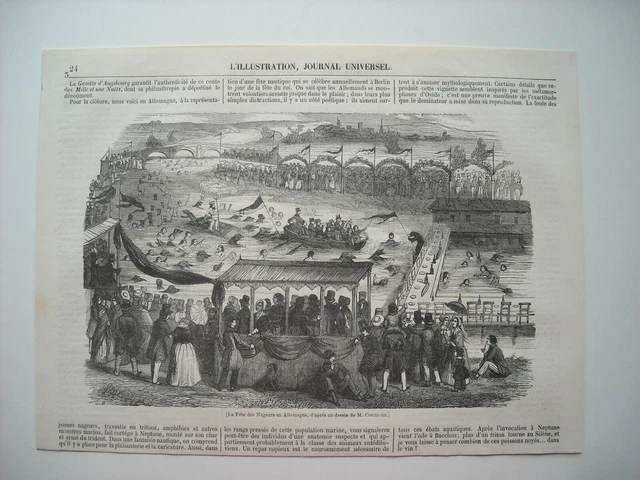 GRAVURE 1846. LA FETE DES NAGEURS EN Allemagne, A BERLIN. AVEC EXPLICATIF.