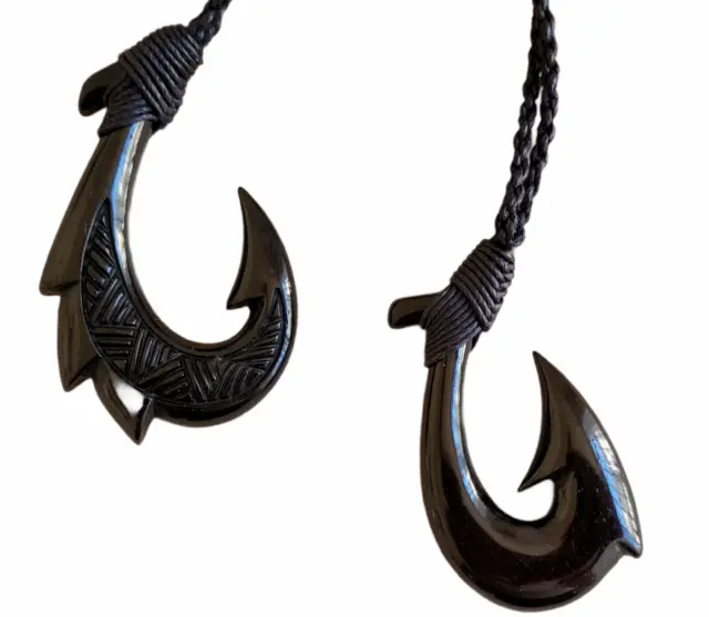 Hawaiian Buffalo Bone Black Fish Hook Necklace Hand Carve Hook Choker Black Cord