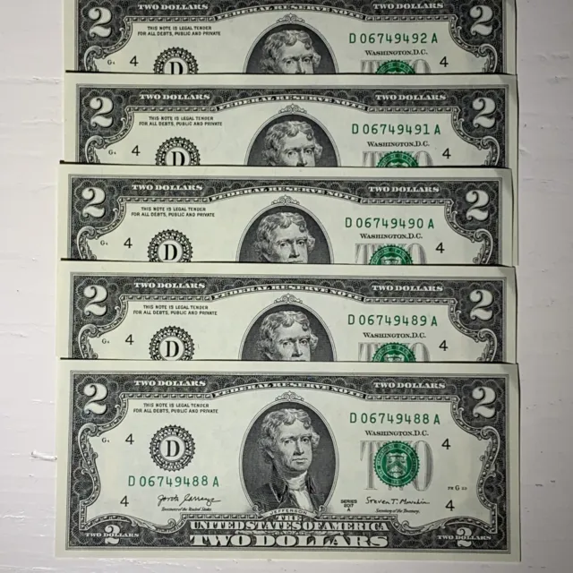 Lot Of 5 New Lucky Uncirculated 2017 Two Dollar Bills $2 Sequential Unc  Crisp