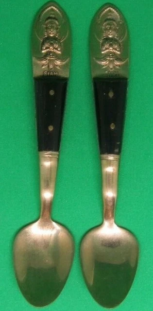 2 Vintage Gold Plated Demitasse SOUVENIR SPOONS Siam Buddha Small Rivets