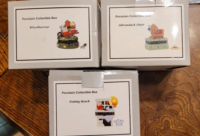 3 National Home Gardening Club Trinket Boxes adirondack chair wheelbarrow bench