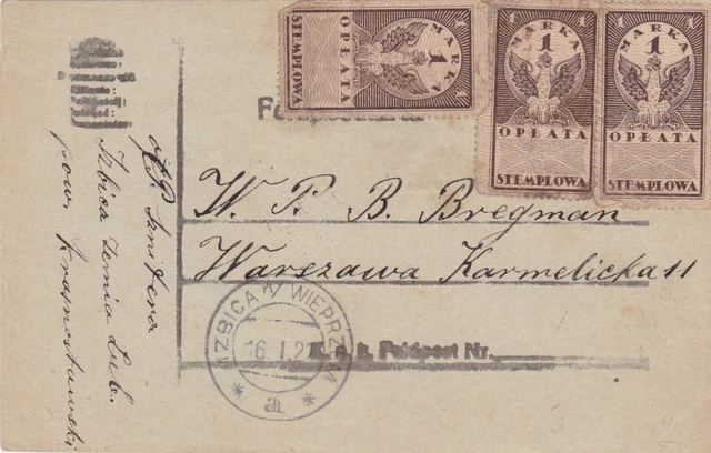 Poland 1922 Austrian Field Postcard Izbica to Warsaw 3 Marks Revenue Stamps