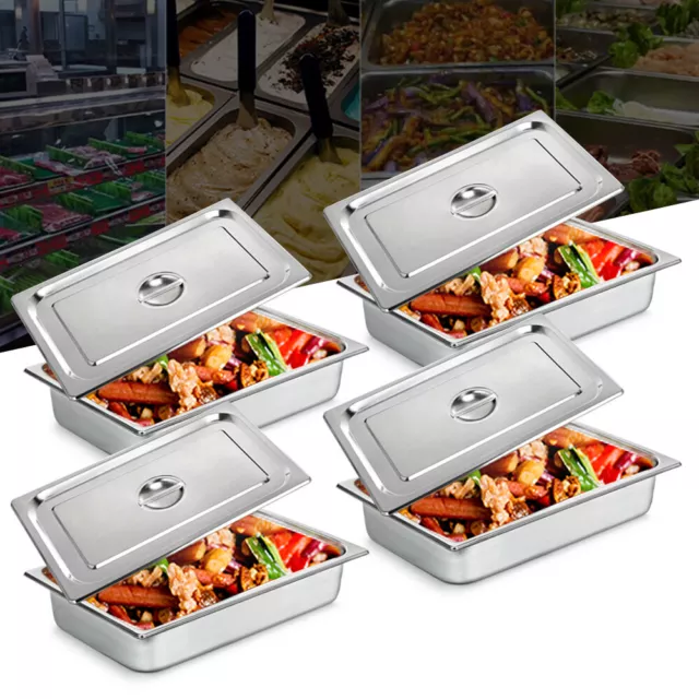 4 Pack 4Deep Full Size Stainless Steel Steam Table Pans w/ Lids Hotel Food Prep
