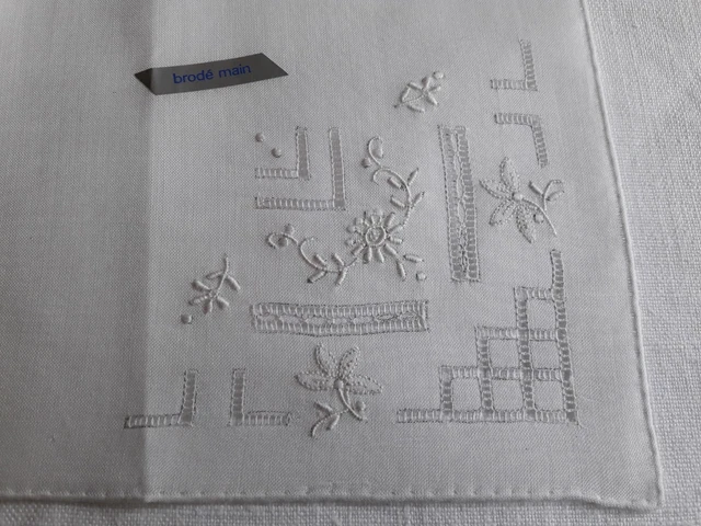 MOUCHOIR N°48 ANCIEN blanc coton fin broderie fleur couleur Lot de 8 dépareillés
