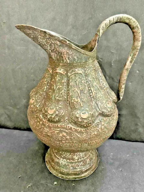 Old Vintage Rare Mughal Hand Carved Copper Big Water Jug / Pot, Rich Patina