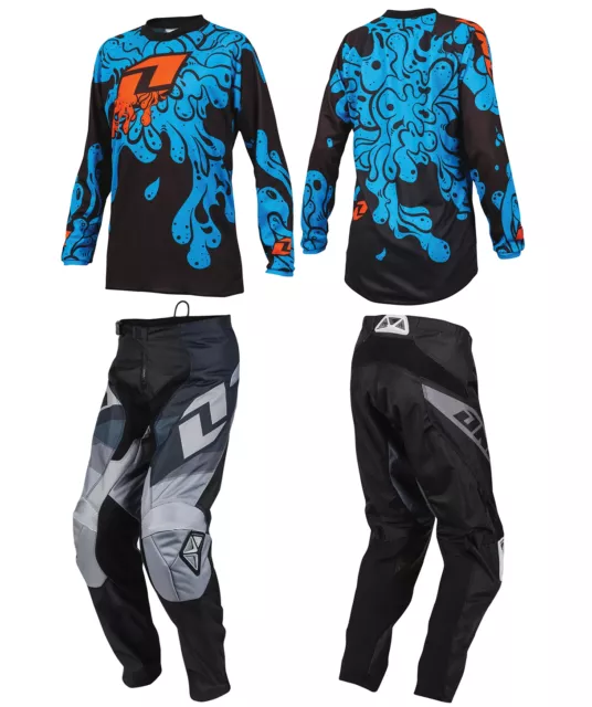 ONE INDUSTRIES YOUTH BLACK ATOM MOTOCROSS PANTS / SLIME BLUE JERSEY childs kit