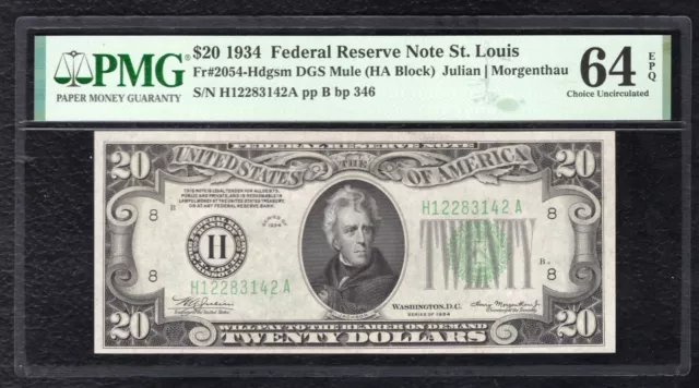 FR. 2054-Hdgsm 1934 $20 FRN FEDERAL RESERVE NOTE ST. LOUIS, MO PMG UNC-64EPQ (E)