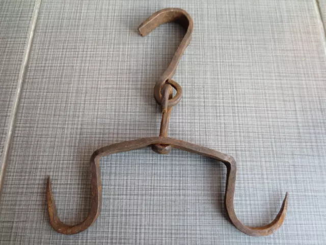 ANTIQUE 19th CENTURY Hand Forged Wrough Iron Hook Hanger Old Fireplace Vintage