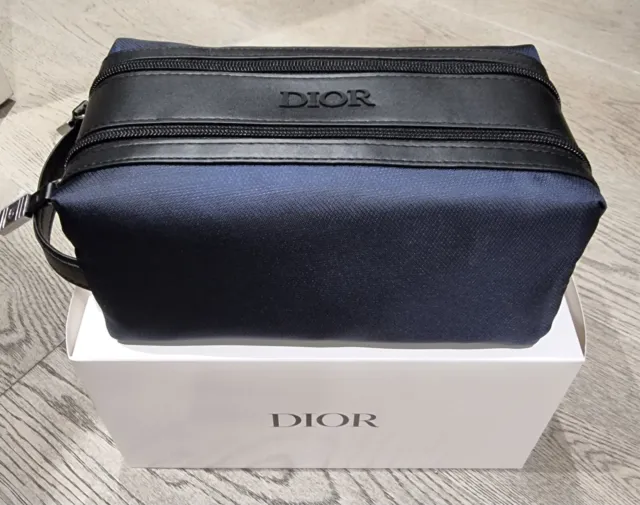 Mens Dior Navy Black Toiletry Travel Wash  Pouch Dual Zipper With Box Brand New