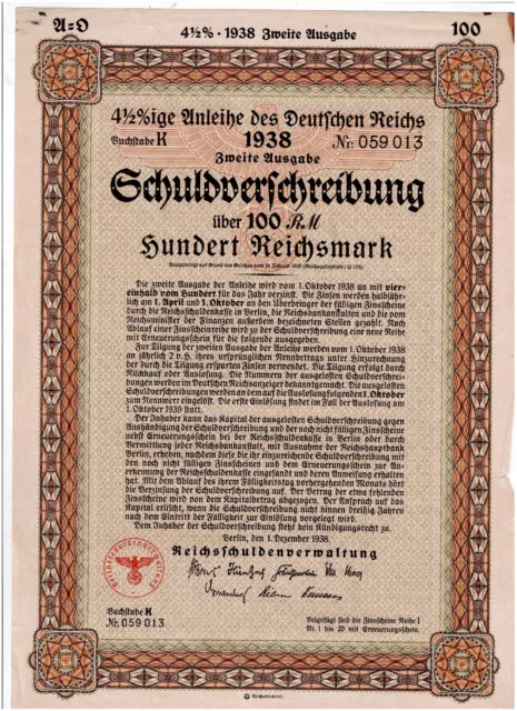 Deutsches Reich, Berlin 1.12.1938, SV 100 RM, zweite Ausgabe, ungelocht, VF - s.