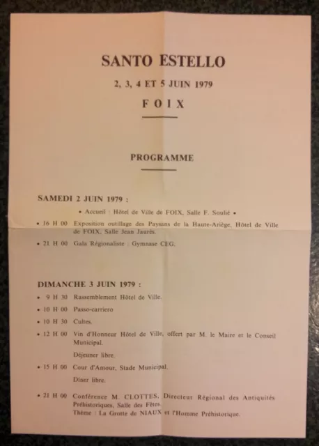 Publicité Programme  Santo Estello FOIX  Occitanie 1979