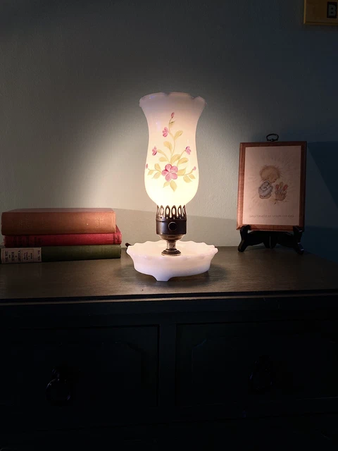 Vintage Hand Painted Milk glass table lamp. Floral. 10” Tall. Works!