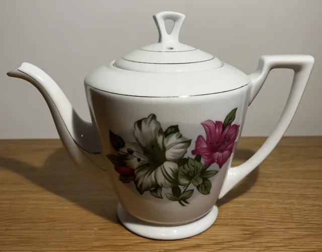 6.5 x 7 inch Chinese White Porcelain Teapot Grey Pink Floral Design