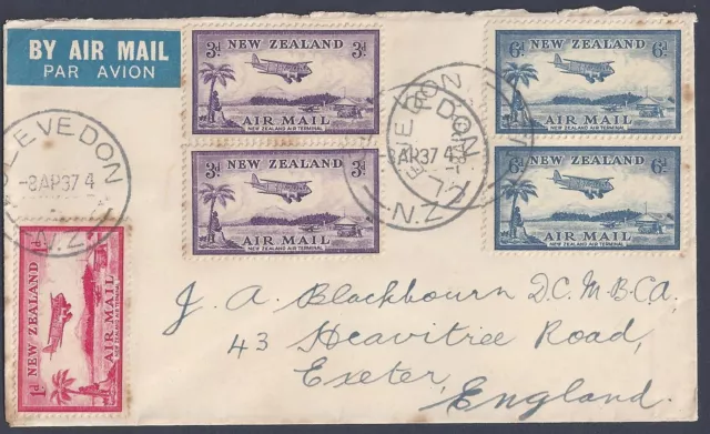 New Zealand Uk 1937 Air Mail Set Tied On Air Mail Cover Clevedon To Exeter