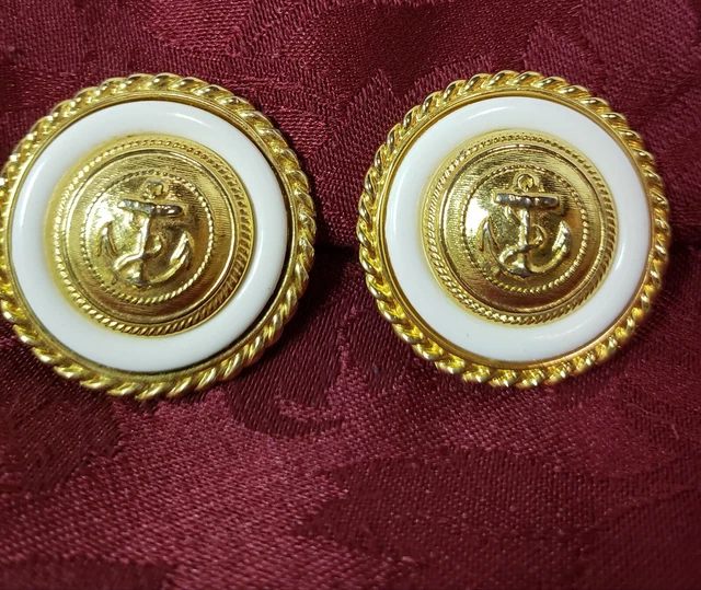 Vintage Ben Amun Gold And Enamel Anchor Design Clip On Earrings Signed