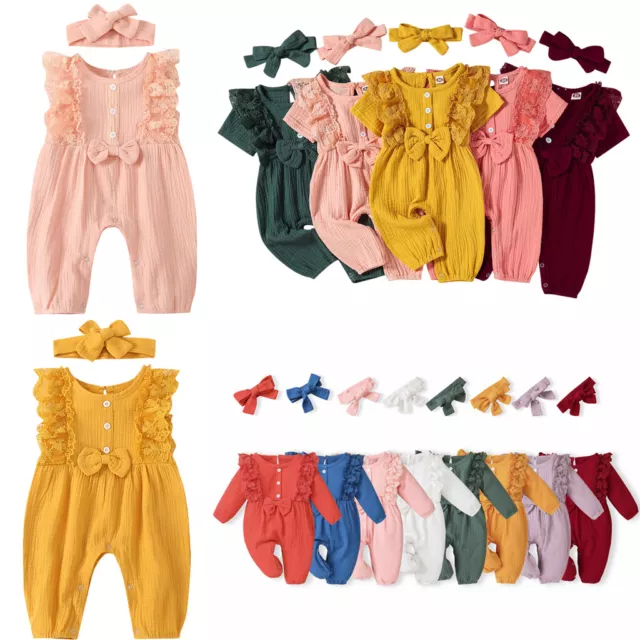 Newborn Infant Baby Girl Cotton Linen Romper Lace Bow One-Piece Jumpsuit Clothes