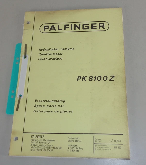 PARTS CATALOGUE / spare parts list palfinger crane PK 8100 Z from 01/