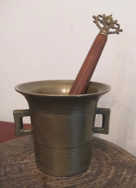antique heavy solid brass ornate wood mortar pestle spice grinder apothecary old