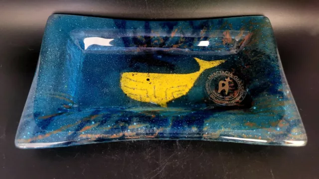 Anactacia Fused Glass Decorative Plate Yellow Whale Dish Blue Abstract