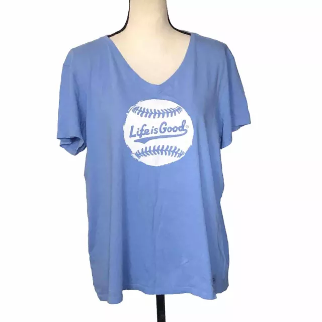 Life is Good Crusher Lite Graphic Tee Shirt Women XL Blue Baseball Boxy V-neck