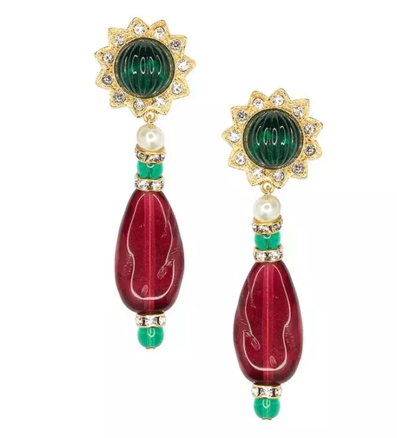 Kenneth Lane Couture Faux Emerald-Ruby-Diamond Jeweled Moghul Drop Clip Earrings