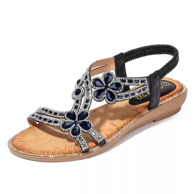 Bohemia Summer Women Ladies Bling Flower Crystal Flat Sandals Beach Casual Shoes